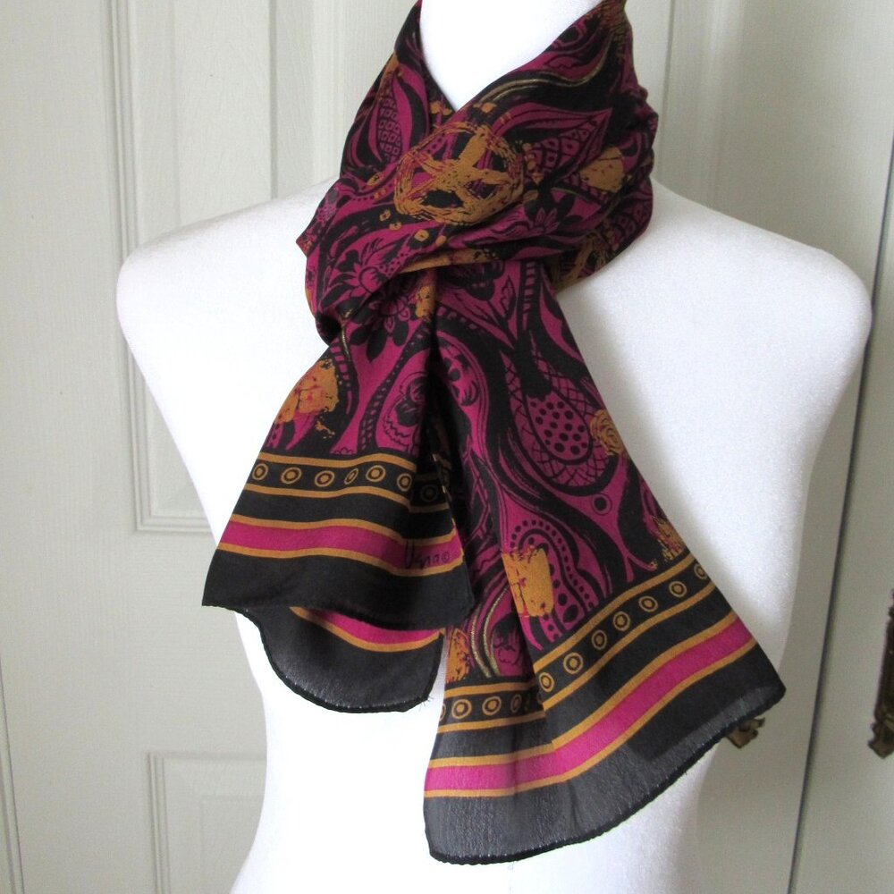VERA NEUMANN Purple Abstract Floral SCARF Gold and Black Silky Elegant Burgandy